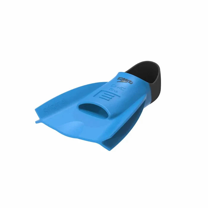 Blue Speedo DMC Original Fins for swimming, showing lightweight fins with adjustable straps and streamlined design.
