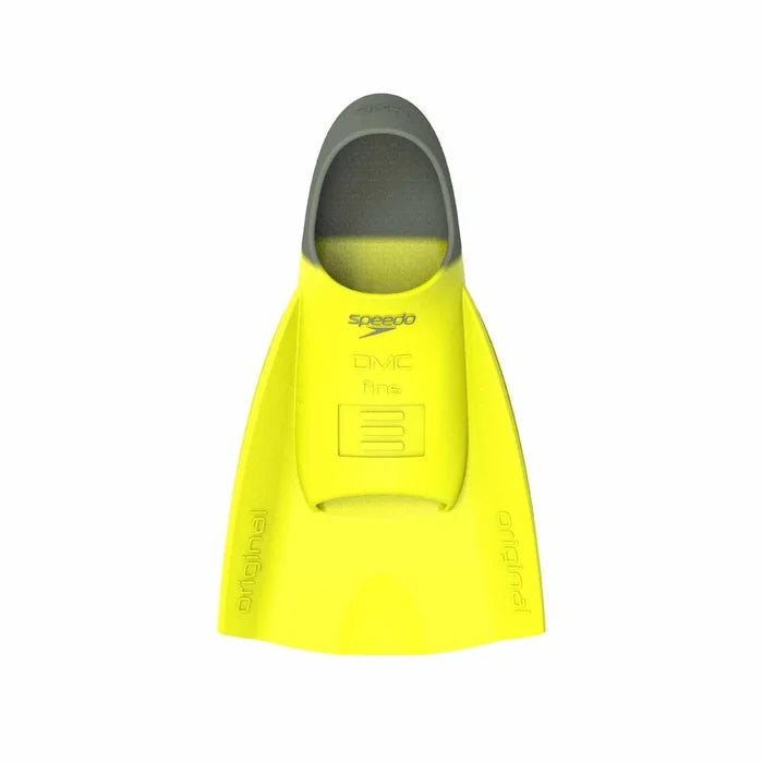 Yellow Speedo DMC Original Fins designed for swimming, featuring a sleek fin shape and adjustable foot pocket for comfortable fit.
