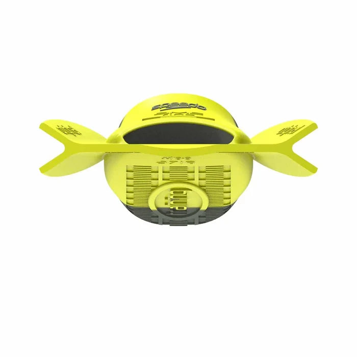 Yellow Speedo DMC Original fins designed for swimming, shown in a close-up image highlighting their lightweight, flexible design.