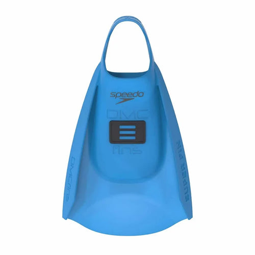 Blue Speedo DMC Super Fins for swimming, showing lightweight design and open-heel style on a plain background.