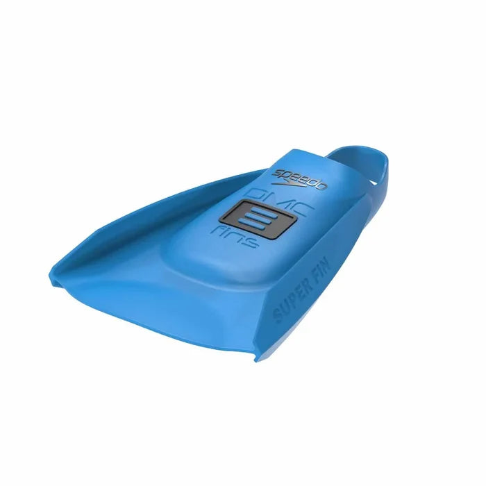 Blue Speedo DMC Super Fins for diving and snorkeling, featuring a streamlined design and adjustable straps for a secure fit.
