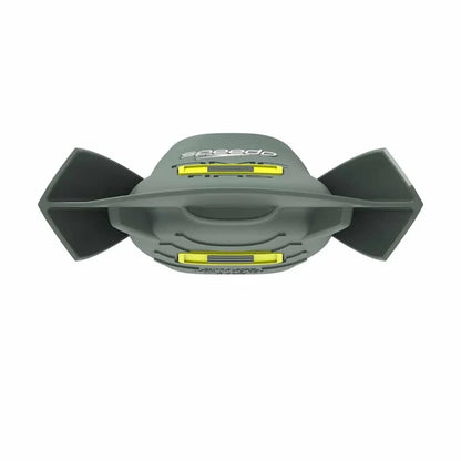 Green Speedo DMC Super Fins for swimming, made of durable material, shown in a close-up image highlighting their design and size.