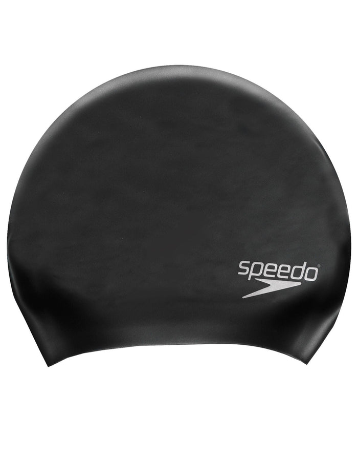 Black Speedo long hair silicone swim cap with smooth texture