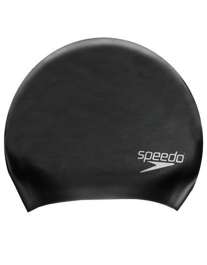 Black Speedo long hair silicone swim cap with smooth texture