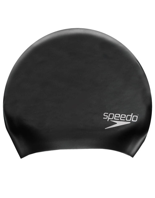Black Speedo long hair silicone swim cap with smooth texture