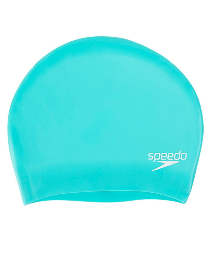 Speedo long hair silicone swim cap in blue with white logo