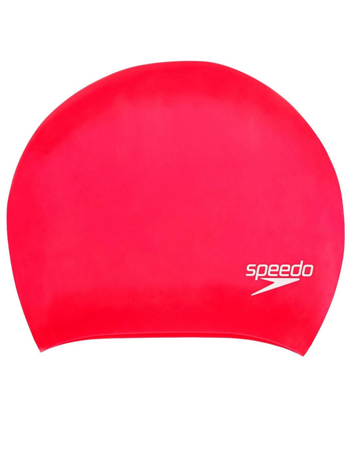 Red Speedo long hair silicone swim cap with white logo
