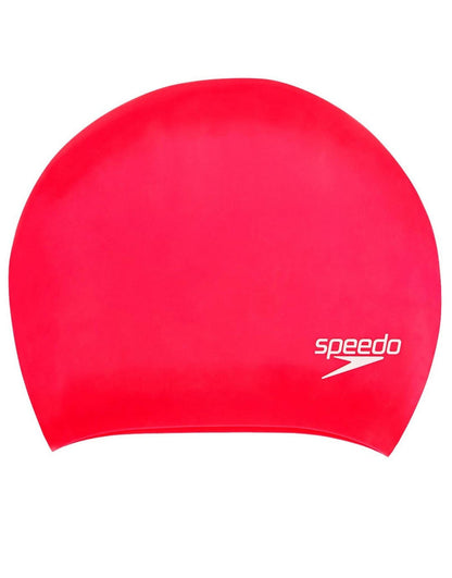Red Speedo long hair silicone swim cap with white logo
