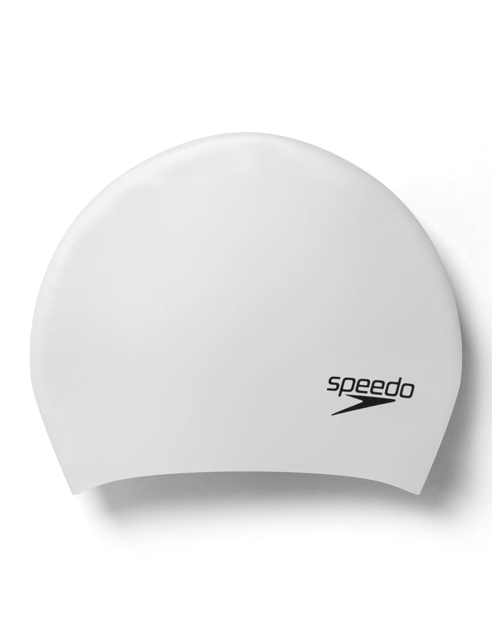 White Speedo long hair silicone swim cap with black logo and speed lines