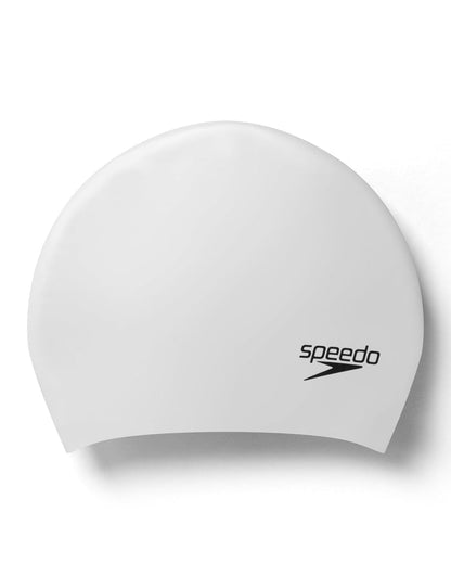 White Speedo long hair silicone swim cap with black logo and speed lines