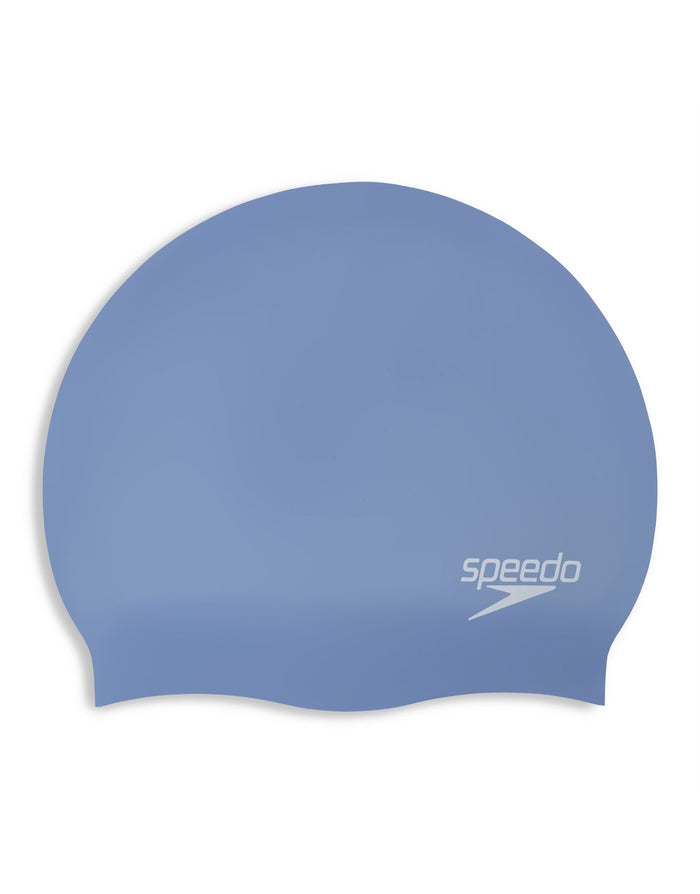 Blue Speedo long hair silicone swim cap with white logo