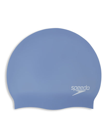 Blue Speedo long hair silicone swim cap with white logo