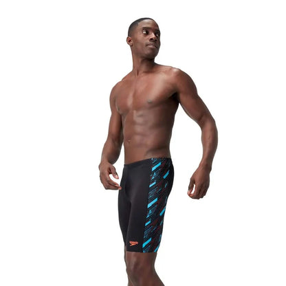Speedo men's HyperBoom panel jammer swimsuit in black, Picton Blue, and Siren Red, designed for competitive swimming.