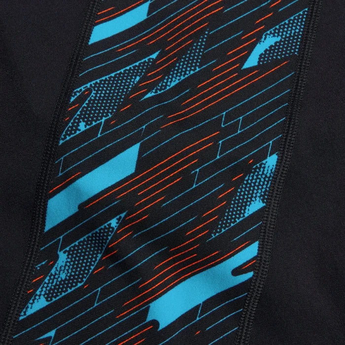 Speedo men's HyperBoom Panel jammer in black with Picton Blue and Siren Red color panels, designed for competitive swimming.