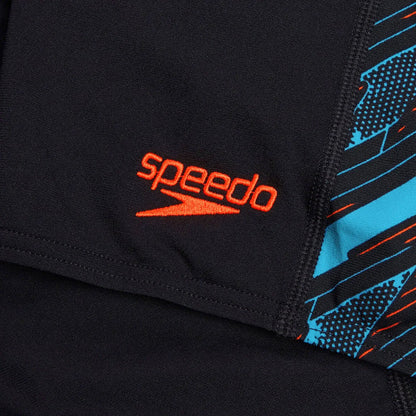 Speedo men's HyperBoom Panel Jammer in black, Picton blue, and Siren red, designed for competitive swimming.