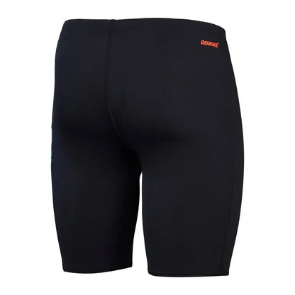 Speedo men's HyperBoom panel jammer swimwear in black, Picton Blue, and Siren Red with sleek design and athletic fit.