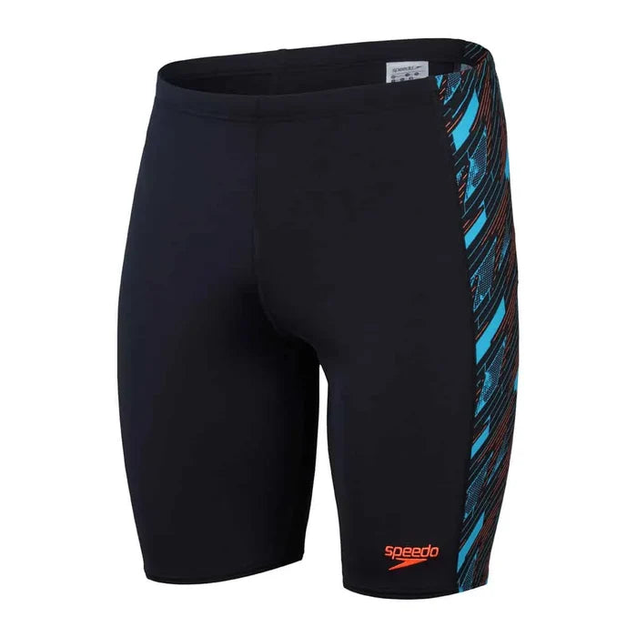 Speedo men's HyperBoom panel jammer swimwear in black with Picton blue and Siren red panels, designed for competitive swimming.