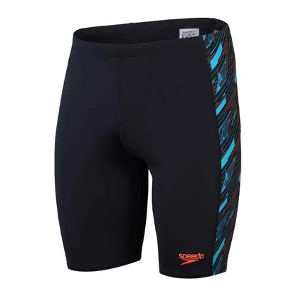 Speedo men's HyperBoom panel jammer swimwear in black with Picton blue and Siren red panels, designed for competitive swimming.