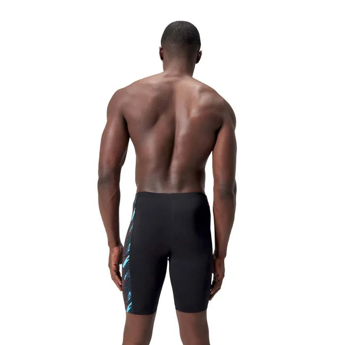 Speedo men's HyperBoom Panel jammer swimsuit in black, Picton Blue, and Siren Red with sleek panel design.