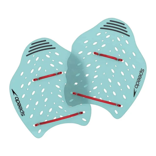 Speedo Power Plus Paddle in Arctic Glass color, designed for swim training, showing the ergonomic shape and textured surface.