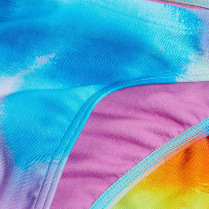 Speedo women's allover digital hipster brief in Kiki Pink, Lemon Drizzle, and Picton Blue, featuring vibrant, colorful swimwear design.