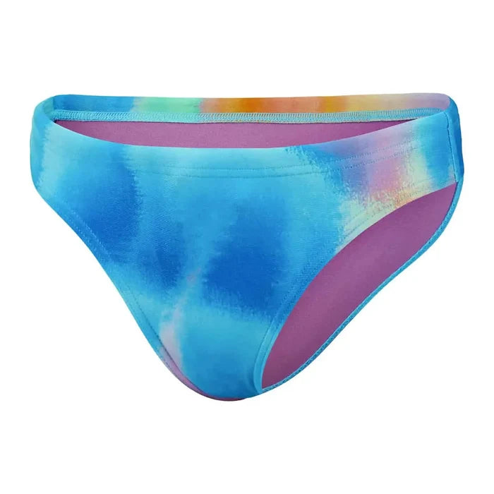 Speedo women's allover digital hipster brief in Kiki Pink, Lemon Drizzle, and Picton Blue, featuring vibrant, colorful swimwear design.