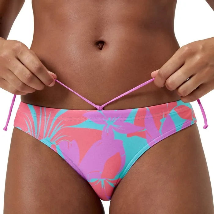 Speedo women's allover digital hipster brief in multi-color, swimwear female bottoms with vibrant pattern and comfortable fit.