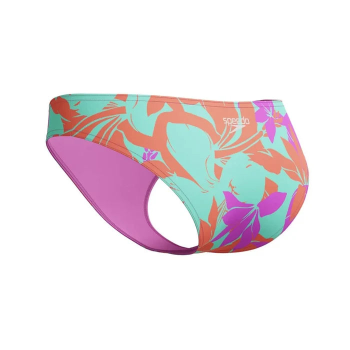 Speedo women's allover digital hipster brief in multi-color, showcasing a comfortable female swimsuit bottom with a vibrant pattern.