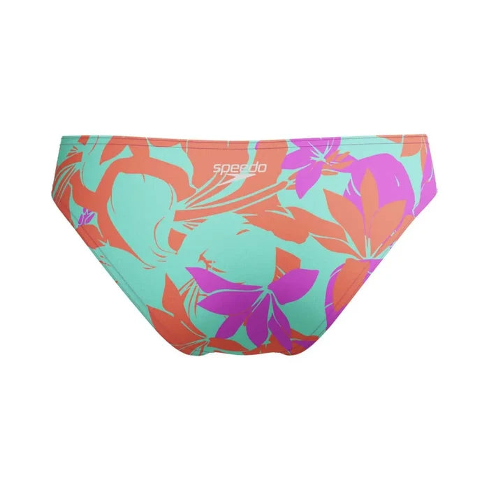 Speedo women's allover digital hipster briefs in multi-color, featuring a comfortable fit and vibrant pattern for female swimwear.