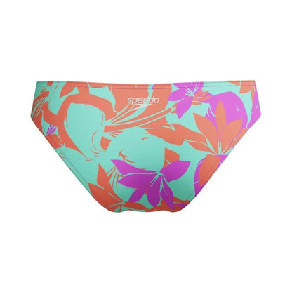 Speedo women's allover digital hipster briefs in multi-color, featuring a comfortable fit and vibrant pattern for female swimwear.