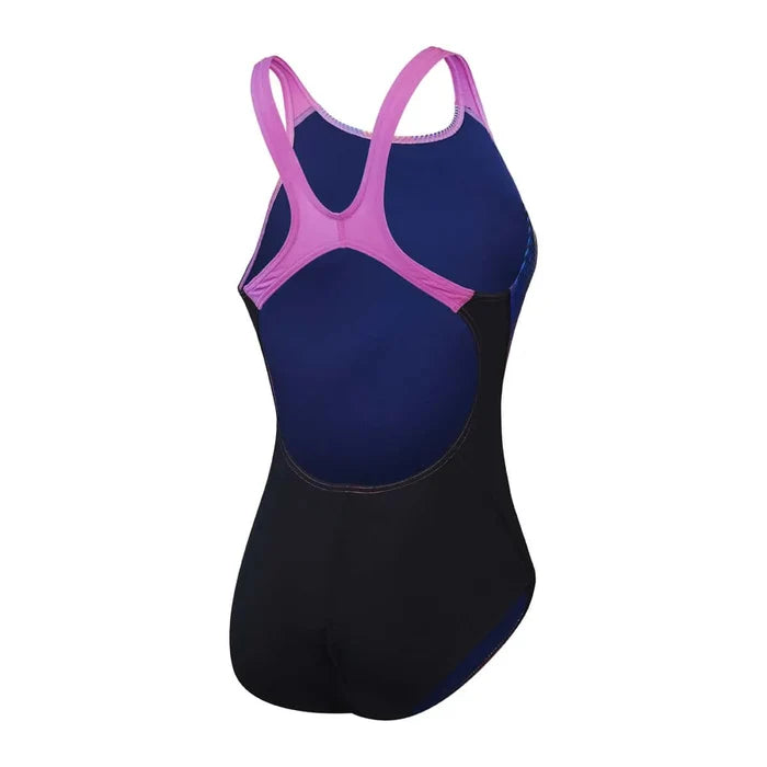 Speedo women's allover digital recordbreaker swimsuit in black, Kiki pink, and Picton blue, designed for competitive swimming.