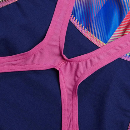 Speedo women's allover digital recordbreaker swimsuit in black, pink, and blue, designed for competitive swimming.