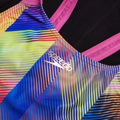 Speedo women's allover digital recordbreaker swimsuit in black, Kiki pink, and Picton blue, designed for competitive swimming.