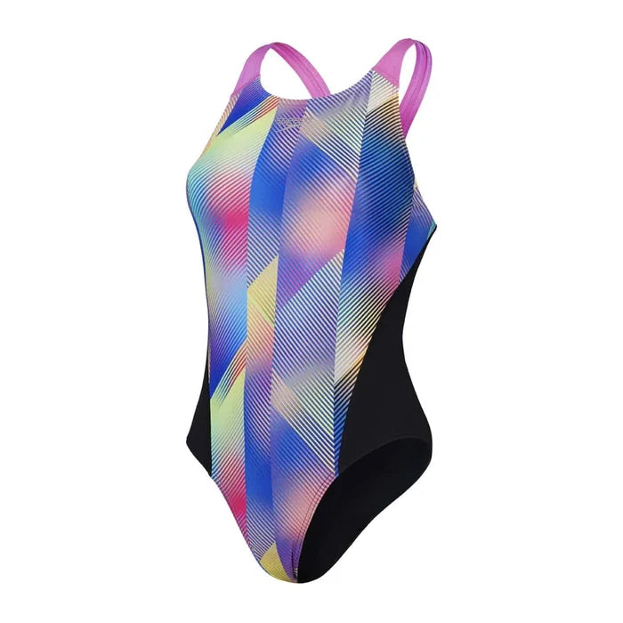 Speedo women's allover digital recordbreaker swimsuit in black, pink, and blue, designed for competitive swimming.