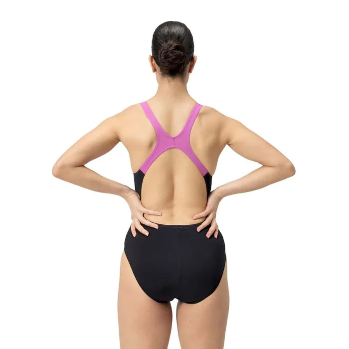Speedo women's allover digital recordbreaker swimsuit in black, pink, and blue, designed for competitive swimming.