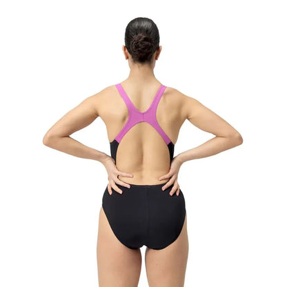 Speedo women's allover digital recordbreaker swimsuit in black, pink, and blue, designed for competitive swimming.