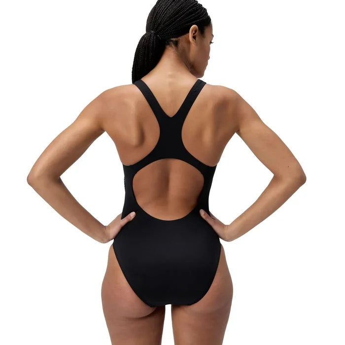 Speedo women's digital placement Medalist swimsuit in turquoise gem, showcasing a sleek, supportive design for competitive swimming.