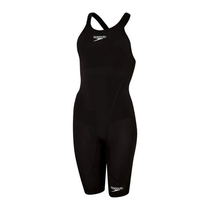 Speedo Women's Fastskin LZR Ignite black kneeskin wetsuit, close-up view showing sleek design and fitted fabric for competitive swimming.