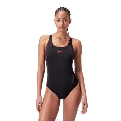 Speedo Women's HyperBoom Splice Muscleback Swimsuit in black, plum dandy, and siren red, featuring a sleek, athletic design.