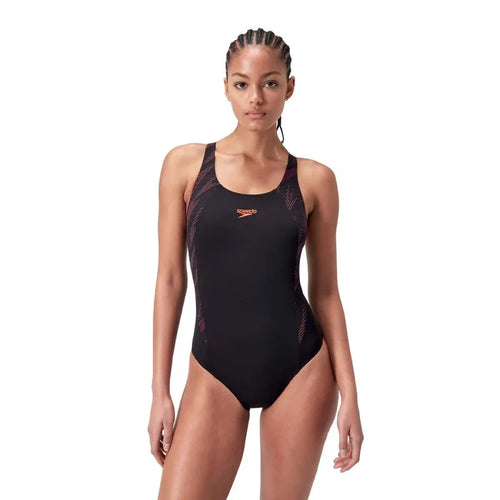 Speedo Women's HyperBoom Splice Muscleback Swimsuit in black, plum dandy, and siren red, featuring a sleek, athletic design.