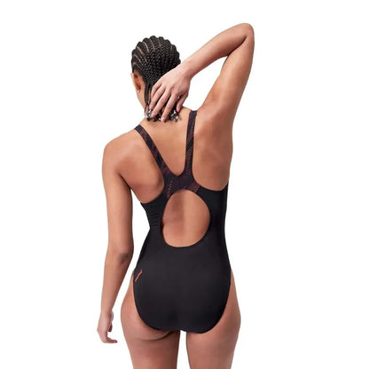 Speedo Women's HyperBoom Splice Muscleback Swimsuit in black, plum dandy, and siren red, featuring a sleek, athletic design.