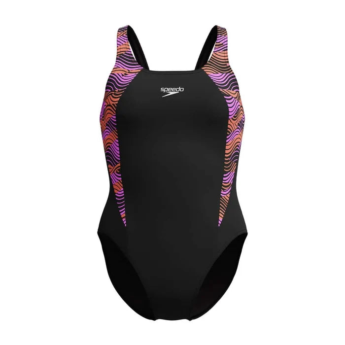 Speedo Women's HyperBoom Splice Muscleback Swimsuit in black, purple, and pink, featuring a sleek design for competitive swimming.