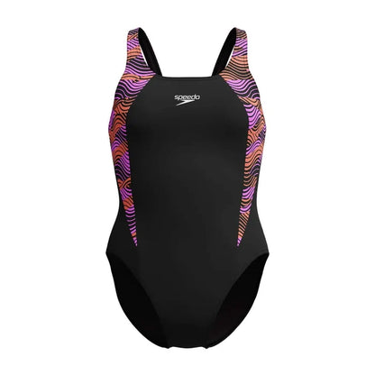 Speedo Women's HyperBoom Splice Muscleback Swimsuit in black, purple, and pink, featuring a sleek design for competitive swimming.