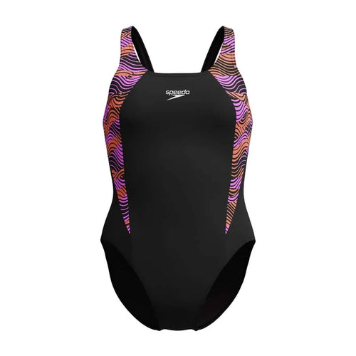 Speedo Women's HyperBoom Splice Muscleback Swimsuit in black, purple, and pink, featuring a sleek design for competitive swimming.