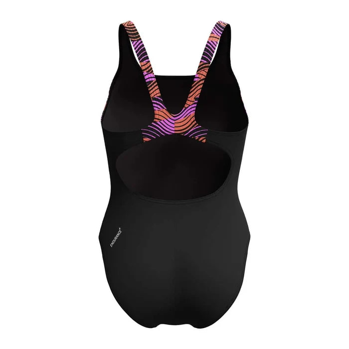 Speedo women's HyperBoom Splice muscleback swimsuit in black, purple, and pink, designed for performance and comfort.