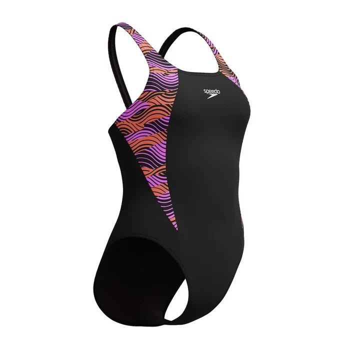 Speedo Women's HyperBoom Splice Muscleback Swimsuit in black, purple, and pink, showcasing a sleek design and vibrant color accents.
