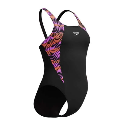 Speedo Women's HyperBoom Splice Muscleback Swimsuit in black, purple, and pink, showcasing a sleek design and vibrant color accents.