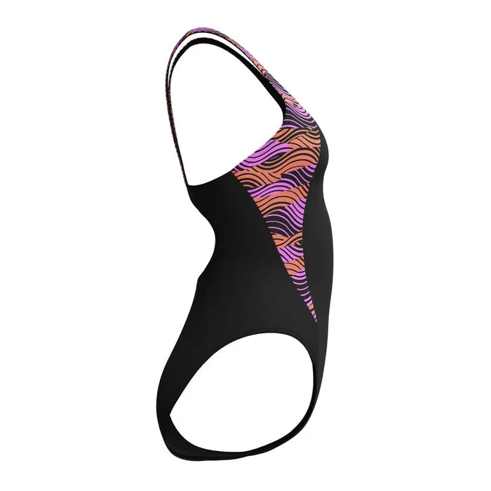 Speedo Women's HyperBoom Splice Muscleback Swimsuit in black, purple, and pink, designed for athletic swimming and enhanced comfort.