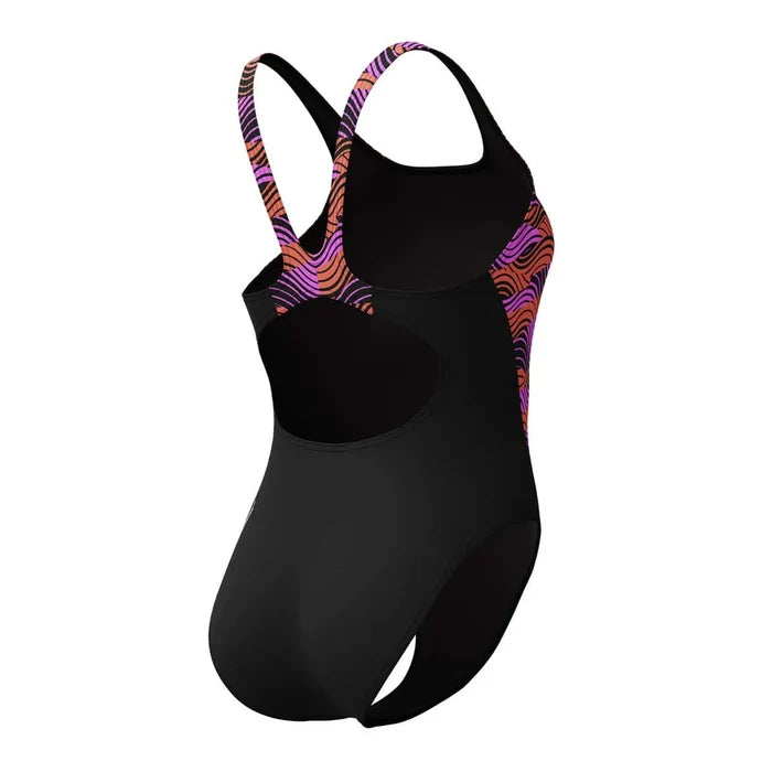 Speedo women's HyperBoom Splice muscleback swimsuit in black, purple, and pink, featuring a sleek design and supportive fit.