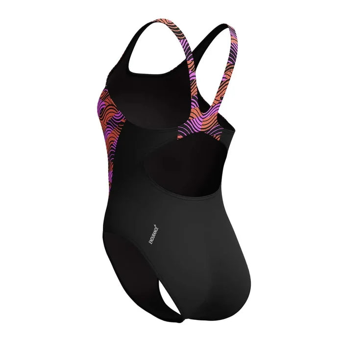 Speedo women's HyperBoom Splice muscleback swimsuit in black, purple, and pink, designed for active swimming and modern style.